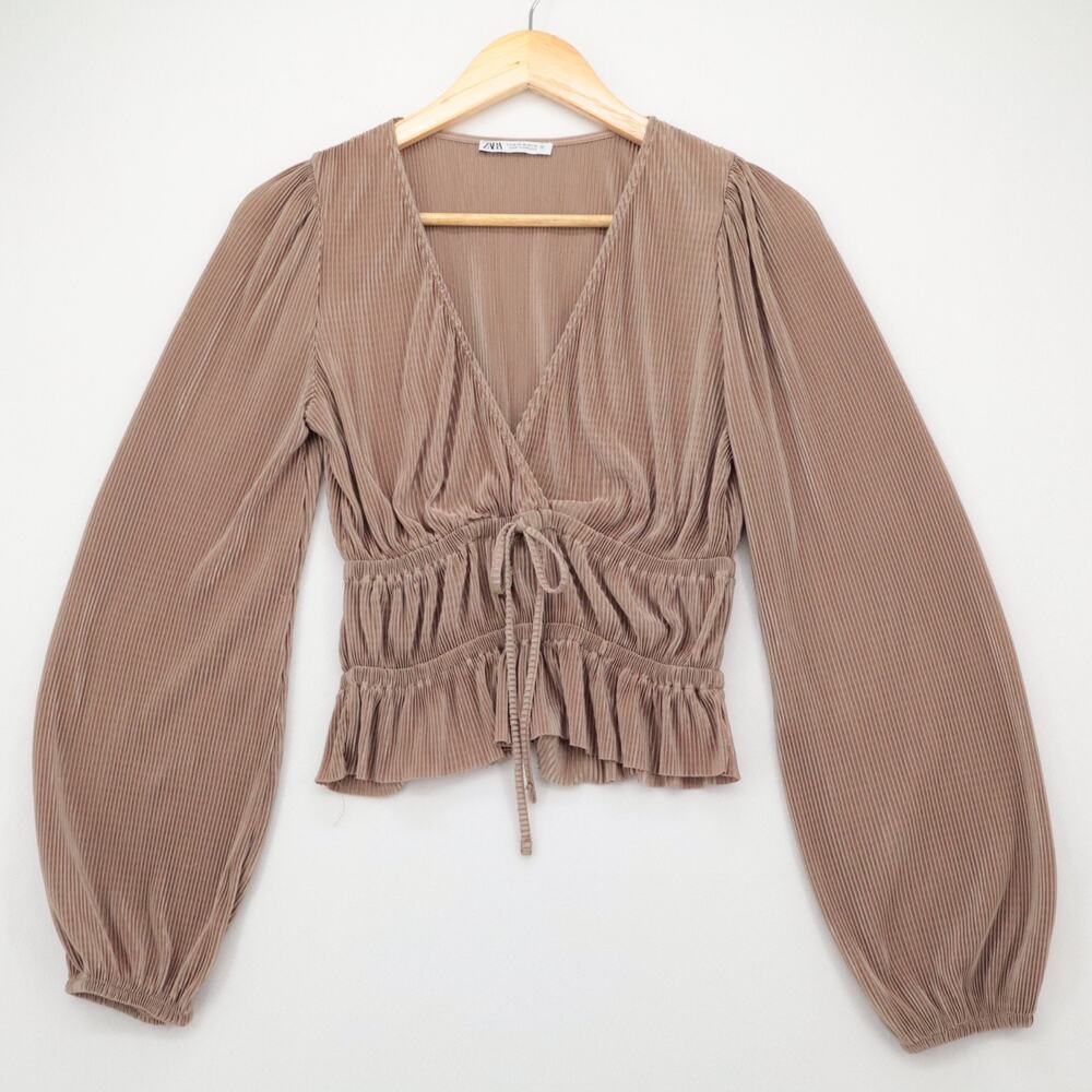 ZARA Womens Size M Long Sleeve Top Bronze Gold Brown Ribbed Sexy Date Club Party